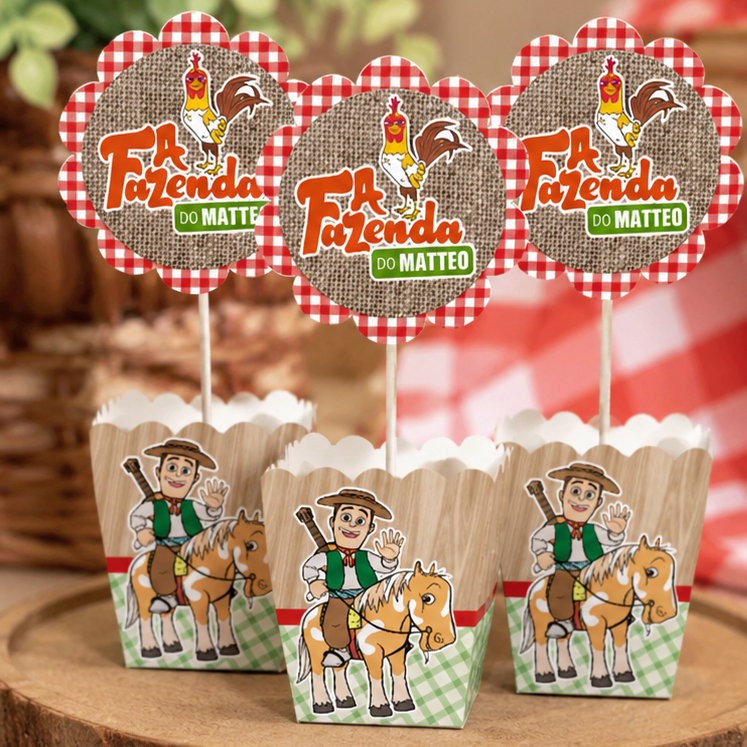 kit de Centro de Mesa Fazenda do Zenon Personalizado - Caixa Cachepot para Festa Infantil