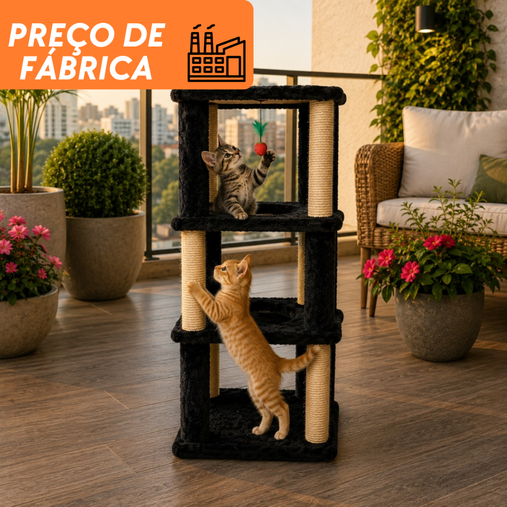 Torre Arranhador para Gatos com Sisal Pelúcia e Brinquedo com 4 andares
