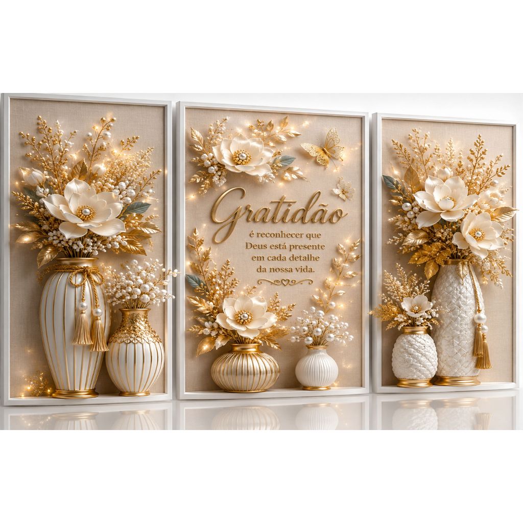 Kit De Quadros 3 Peças Decorativos Para Sala Vasos Luxo Brilhantes Modernos Gratidão a Deus (GRATIDÃO A DEUS BEGE)
