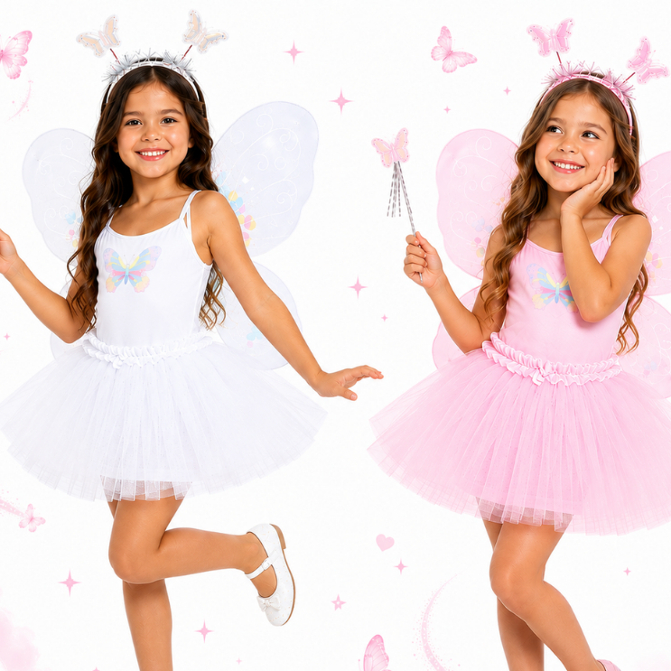 Kit Fantasia Borboleta Fada Infantil Asa Varinha Tiara Saia Aniversário Mágico