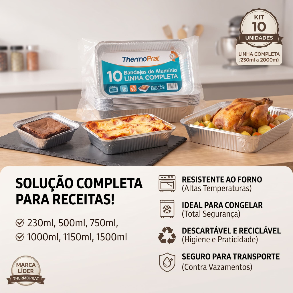 Bandeja de Alumínio Descartável 1500ml Thermoprat 10 Unidades Para Assar e Congelar