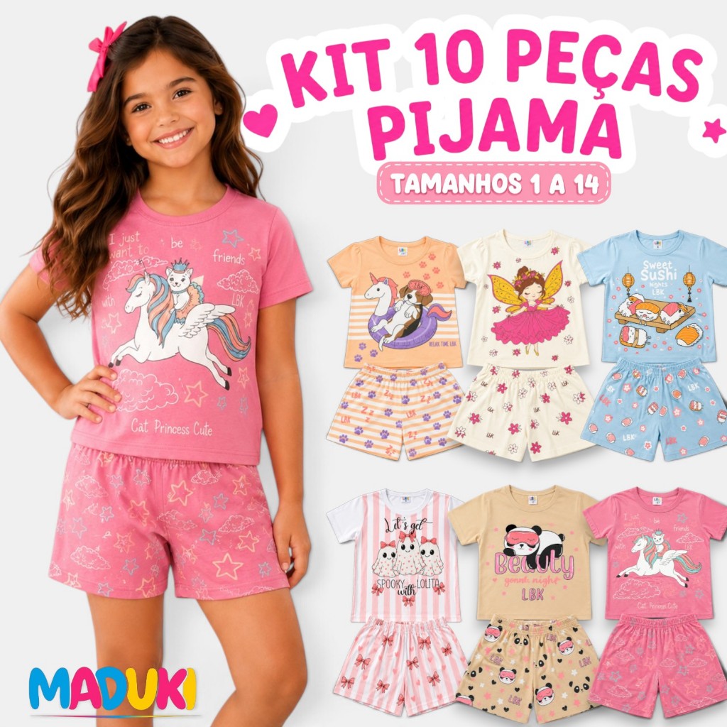 Kit 10 Peças Pijama Infantil Menina Curto Algodão Confortável Estampado Verão Tam. 1 ao 14
