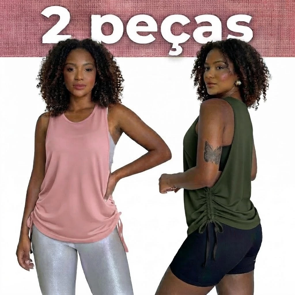 2 Blusas Dry Fit Feminina Fitness Decote Lateral Tapa Bumbum Top Regata Treino Academia — imagem 1