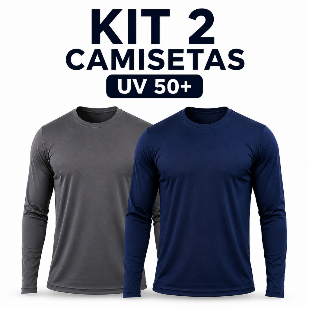 Kit 2 Camisetas Segunda Pele Masculina Proteção Uv 50+ Manga Longa Blusa Lisa Corrida Academia