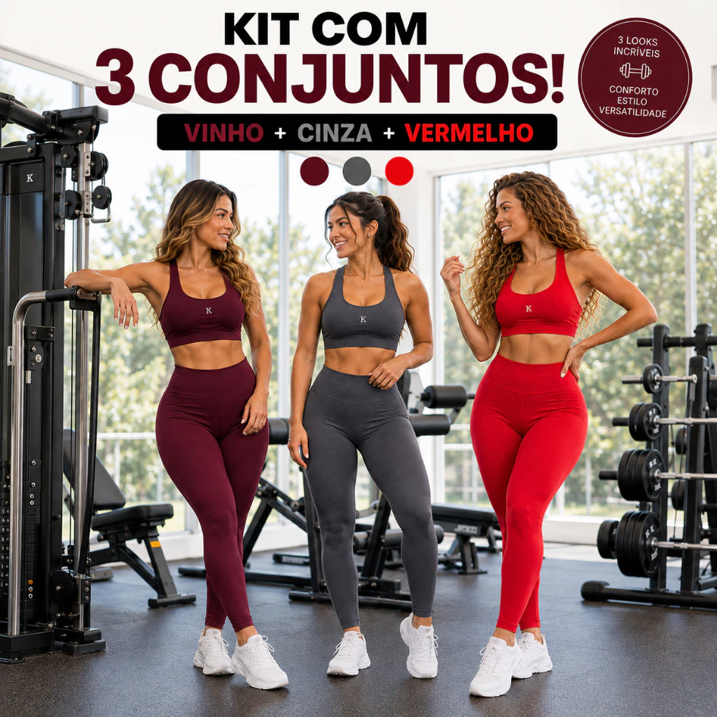 Kit 3 Conjuntos Academia Feminino 6 Peças Top Nadador + Legging Cintura Alta Fitness — imagem 1