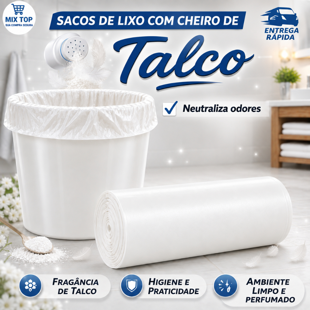 SACOS DE LIXO PERFUMADOS TALCO 34CM X 40CM PARA PIA E BANHEIRO ALTA RESISTÊNCIA NEUTRALIZA ODORES.
