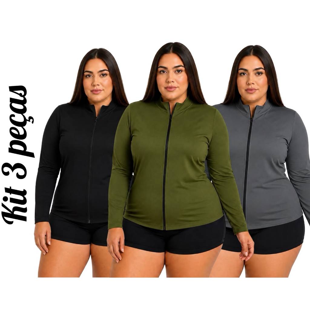 Kit Com 3 Jaquetinha PLUS SIZE  feminina casaquinho academia Esportiva fitness Proteção Solar UV