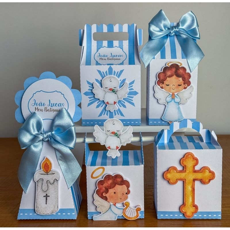 Kit festa Caixinhas Personalizadas Batizado Azul Lembrancinhas Menino infantil Pegue Monte