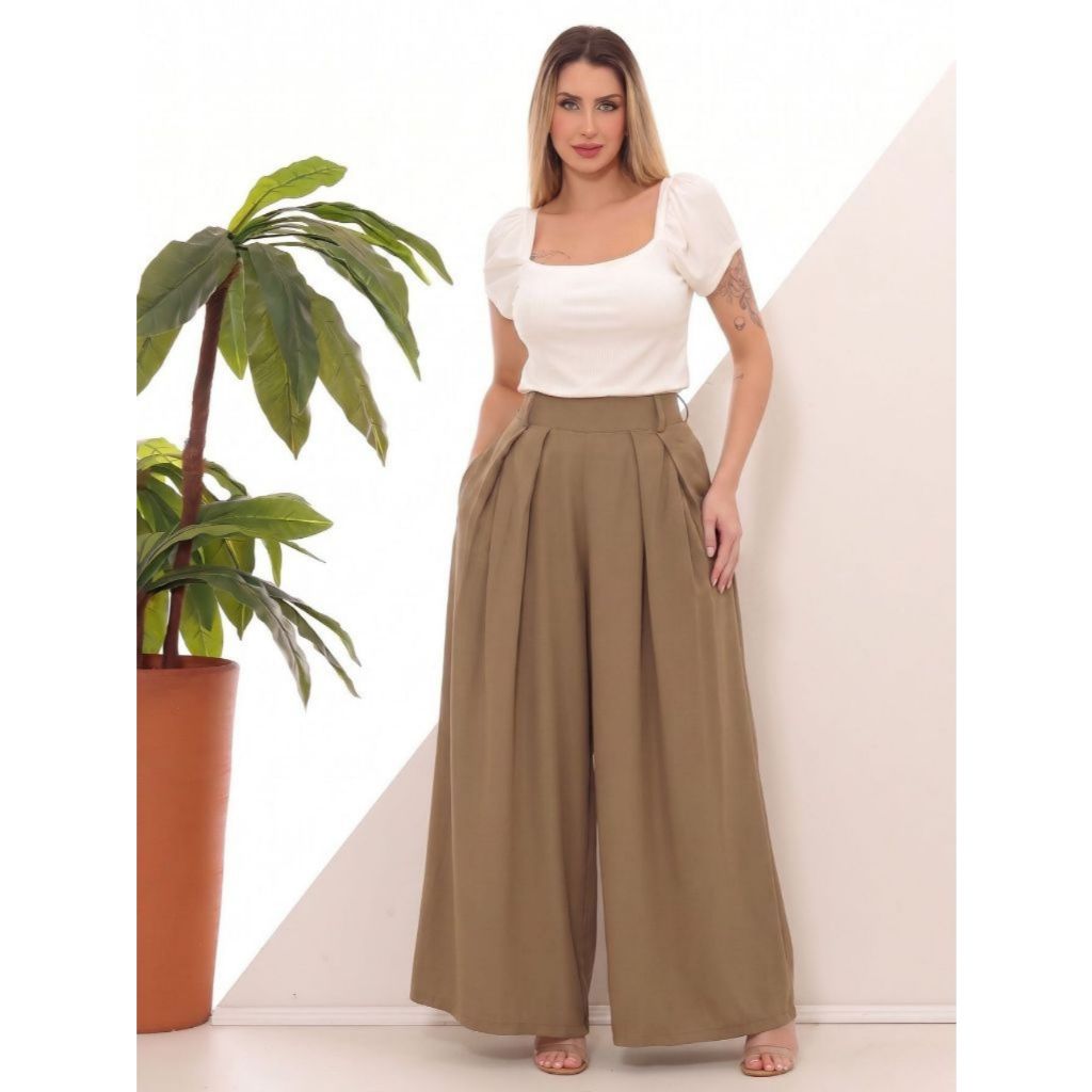 Calça Feminina Pantalona Wide Leg, Com Bolsos, Caimento Leve e Visual Elegante 3102