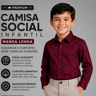 Camisa Social Polo Slim Infantil Manga Longa Para Meninos Elegante e Ir em Festa