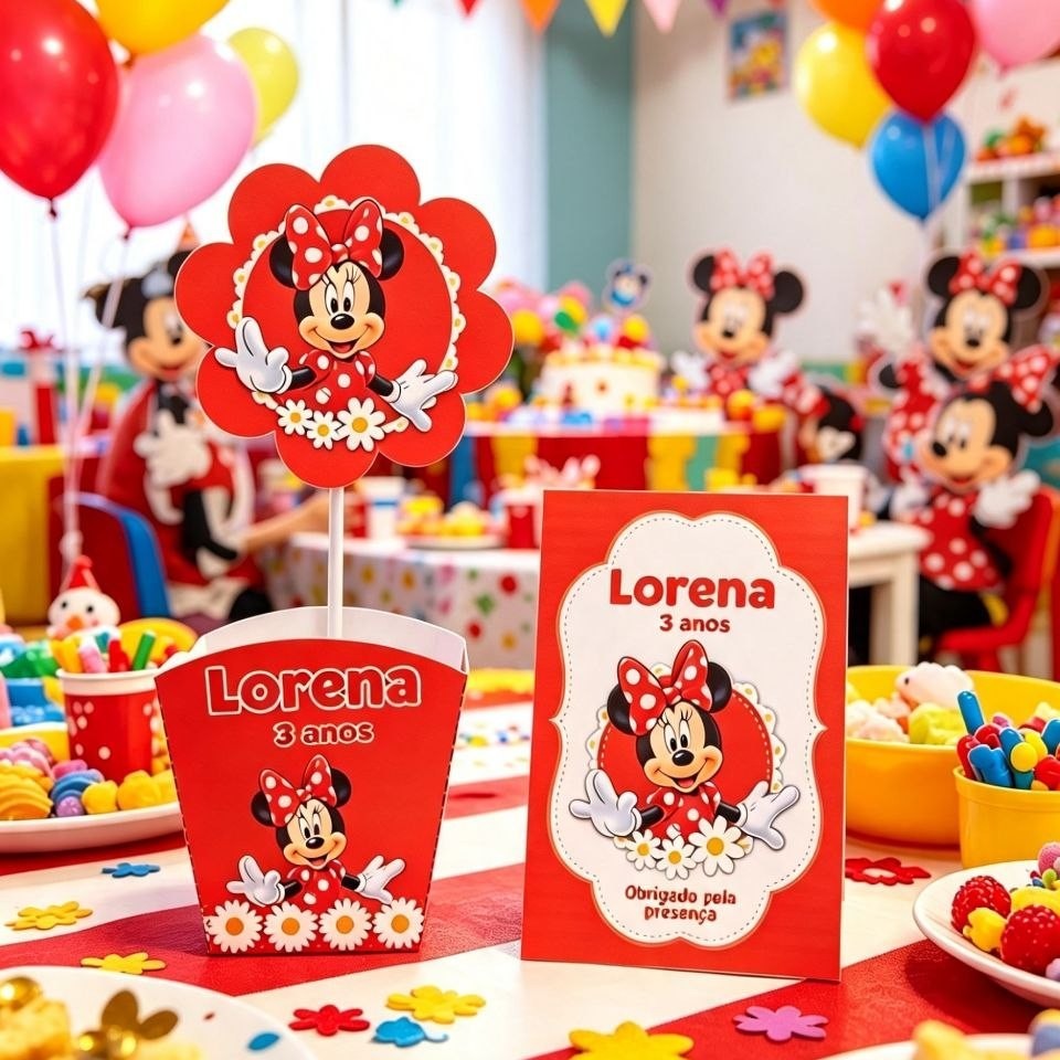kit Centro De Mesa Minnie Cachepô Com Plaquinha Personalizado Enfeite Festa Aniversário Infantil