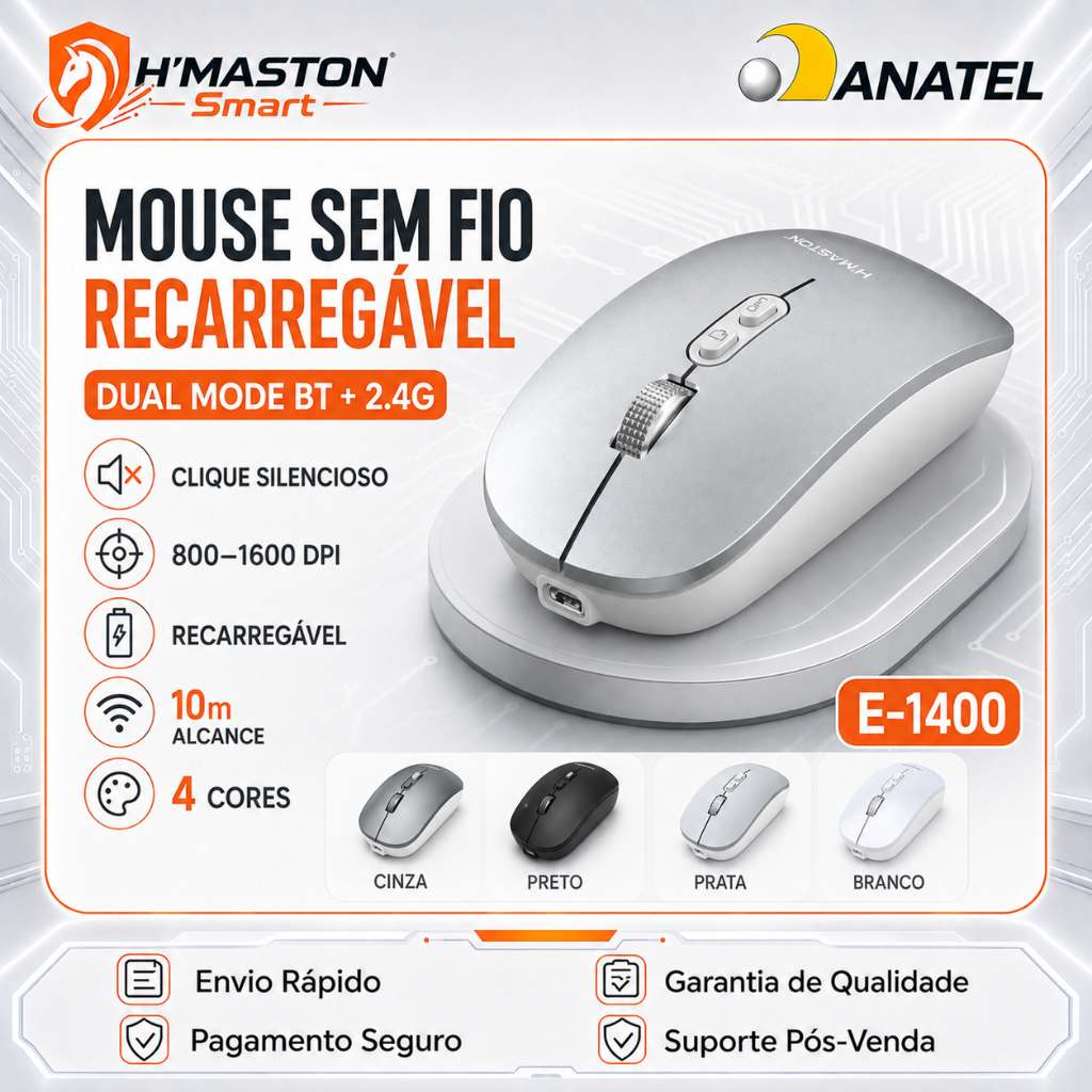 H'maston E-1400 Mouse Sem Fio Para Notebook Mouse Sem Fio Recarregável Mouse Bluetooth Mouse Sem Fio Gamer Mice