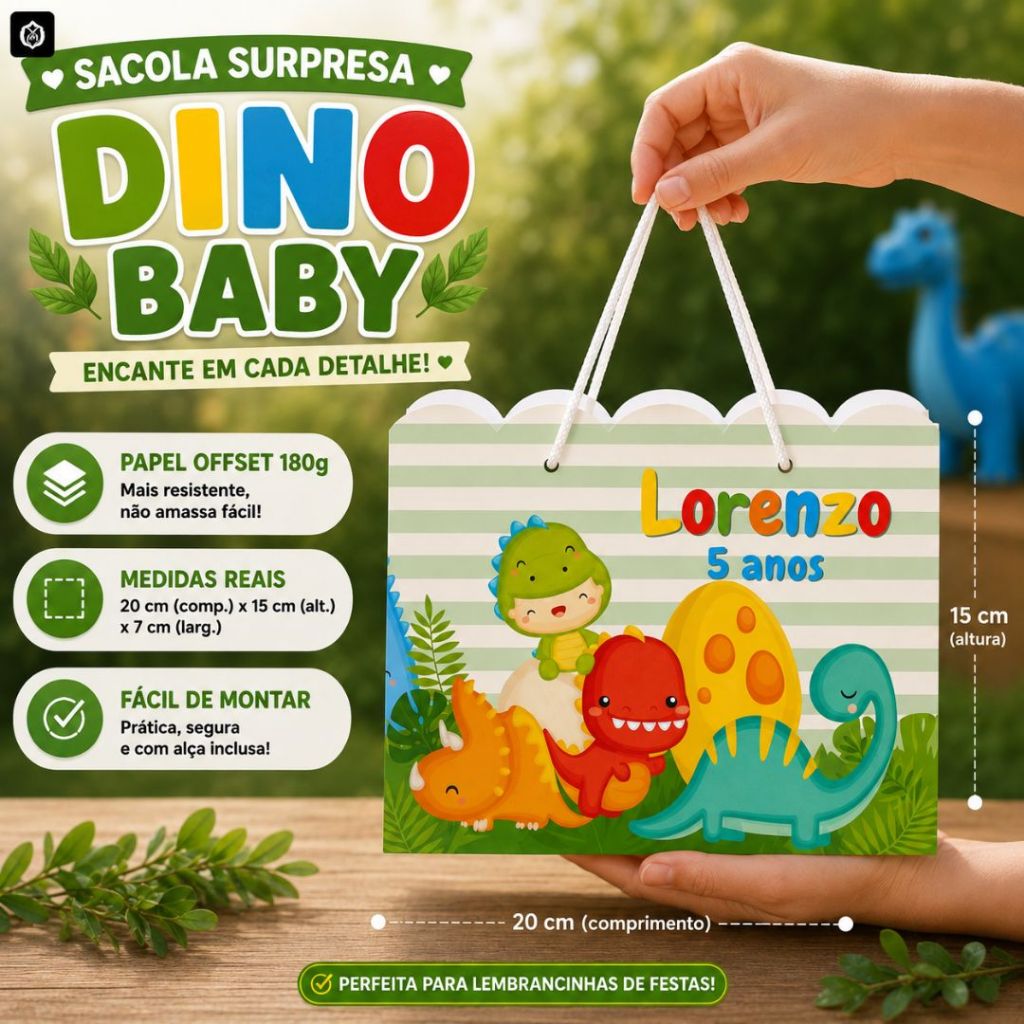 Sacolinha G Surpresa (20x15x7cm) Dino Baby  Dinossauro Personalizada  Lembrancinhas de Aniversário - PEGUE E MONTE