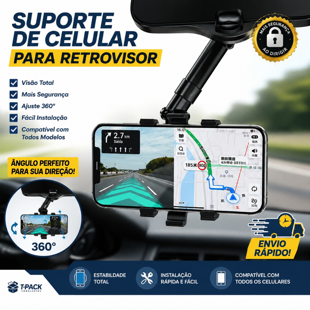 Suporte Espelho Retrovisor Central Para Celular Extensível Giro 360º