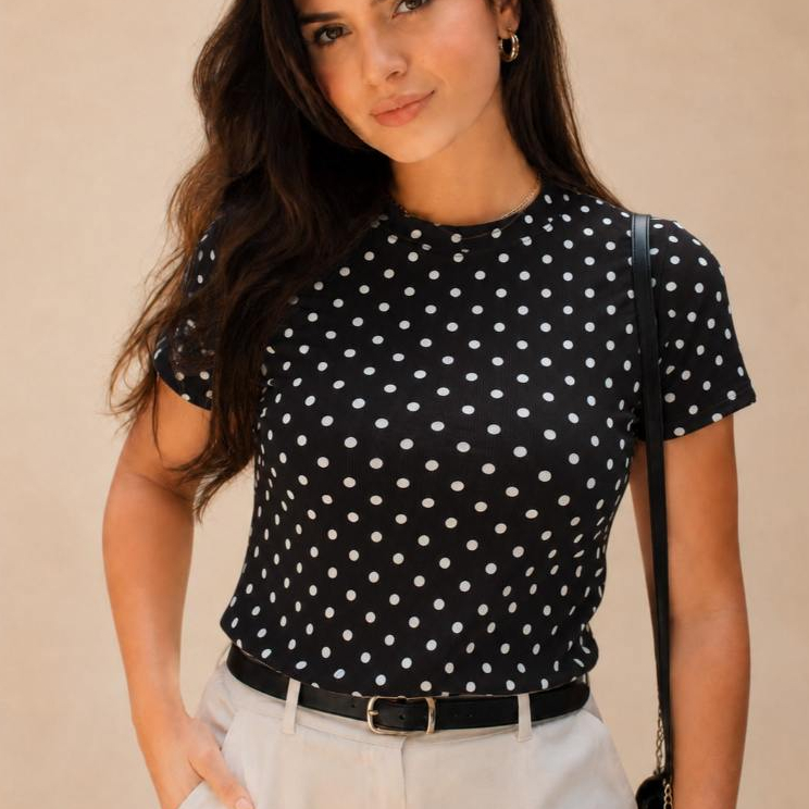 Blusa Manga Curta Feminina de Poá Canelada Ribana Premium Elegante Estilosa Confortável Casual Moda Primavera e Verão 26