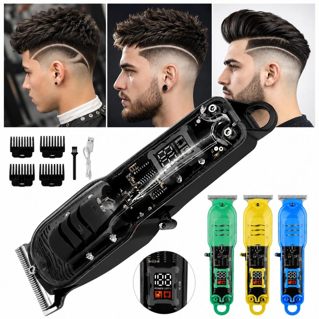 Máquina de Cortar Cabelo Sem Fio LCD Smart Transparente Recarregável Aparador Nasal Homem
