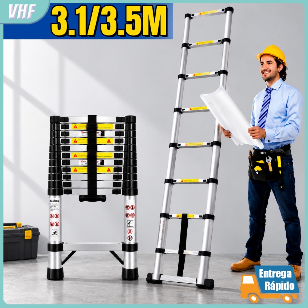 3.1/3.5M Escada Reta Telescópica de Aço Inoxidável Multifuncional 8/9 Degraus Antiderrapante 150kg（Portátil）