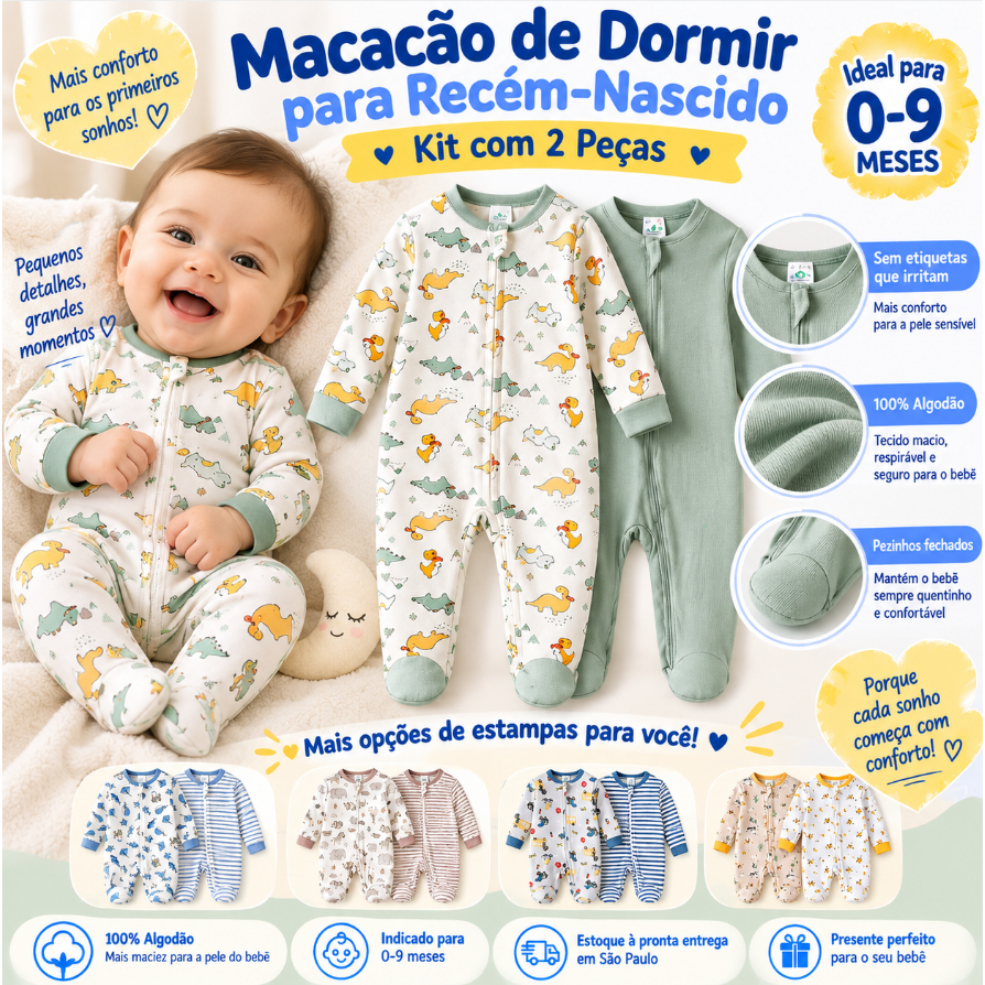 Kit 2 Macacão Pijama Bebê Dinossauro Verde Payifang 100% Fibra Bambu Antialérgico 0-3 3-6 6-9 Meses Zíper Com Pé Conjunt