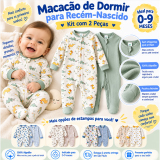 Kit 2 Macacão Pijama Bebê Dinossauro Verde Payifang 100% Fibra Bambu Antialérgico 0-3 3-6 6-9 Meses Zíper Com Pé Conjunt