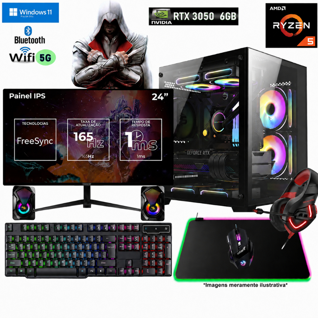 CPU Gamer Ryzen 5 5500 Completo + RTX 3050 6GB + DDR4 32GB RAM + NVMe 1TB c/gara
