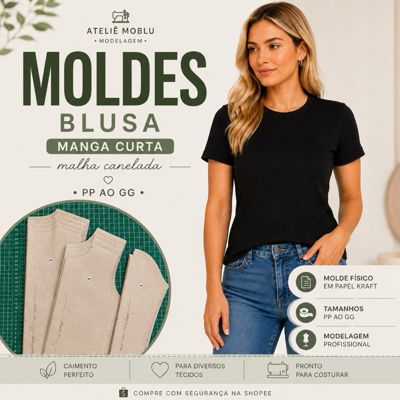Molde blusa feminina Manga Curta Gola Redonda – Blusa Justa Malha canelada ou ribana Costura Fácil