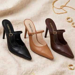 Scarpin Mule Mary Jane Sapato Feminino Salto Alto Fino Bico Fino Confortável Fivela Festa Social Luxo Moda Elegante Top