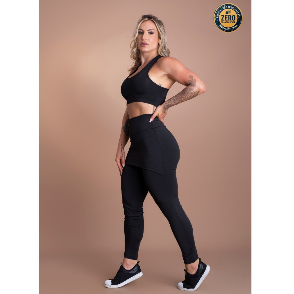 Conjunto Fitness Feminino Calça Legging Saia Tapa Bumbum Cintura Alta E Top Nadador Liso Academia ZERO TRANSPARÊNCIA