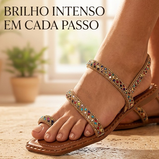 Sandália Rasteirinha Tiras Cruzadas Strass Multicolorido Feminina Antiderrapante Brilho Premium
