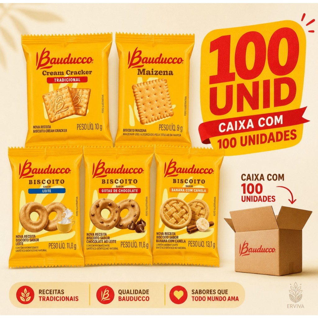 100 Un Biscoitos Amanteigados Sortidos Bauducco Sachê Gotas de Chocolate Banana e Canela Leite Cream Cracker e Maizena