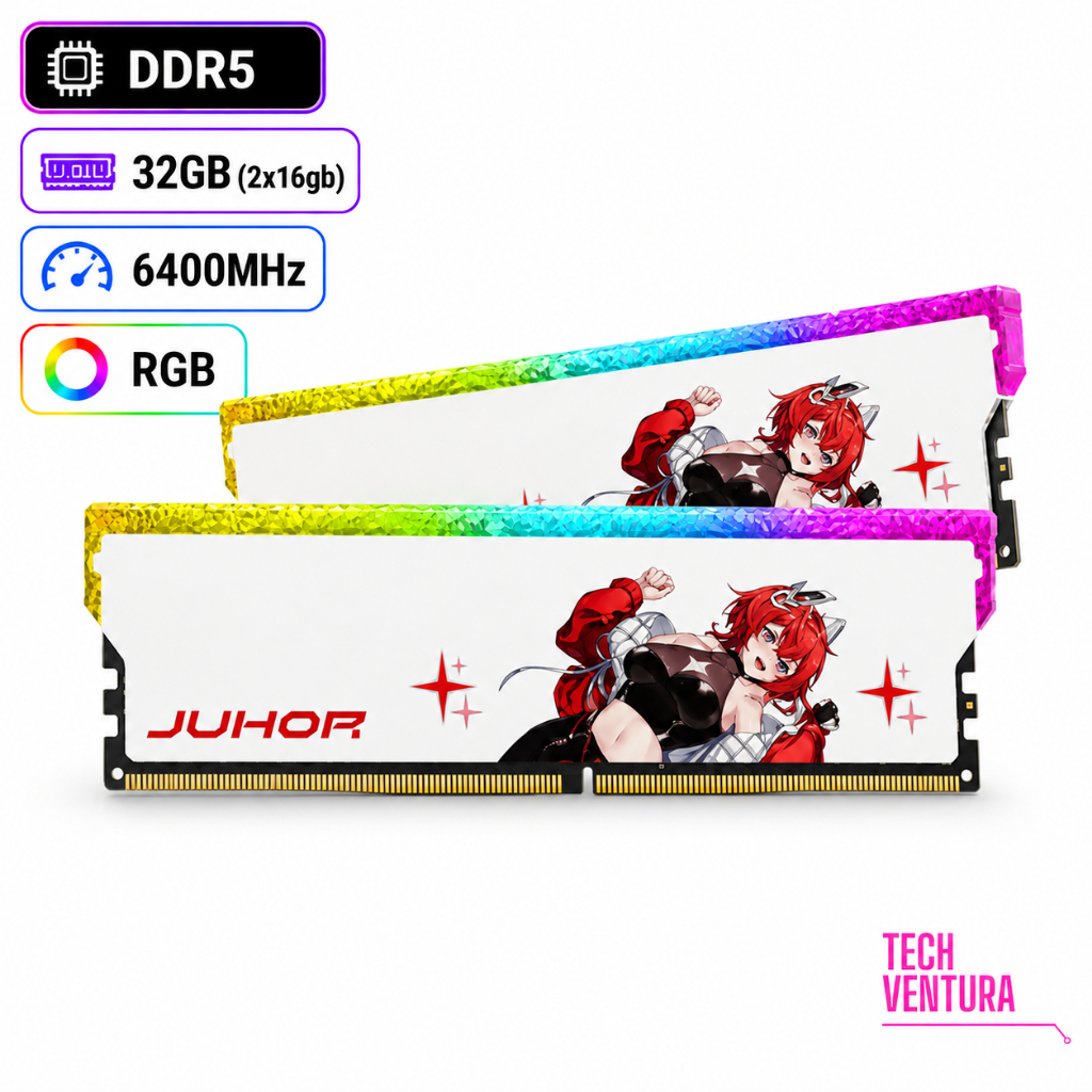 KIT Memória RAM JUHOR DDR5 RGB 32GB Kit 2x16GB 6400MHz CL32 1.4V XMP Branca(NOVO