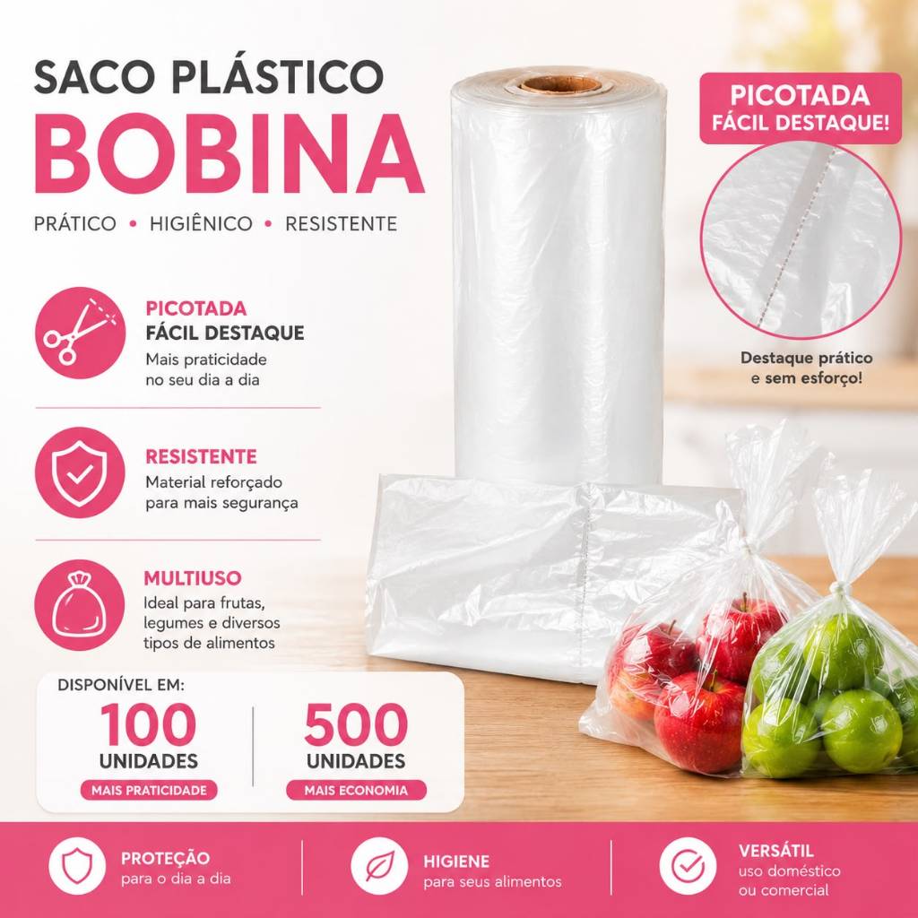 Bobina Picotada Saco plástico Embalagem Fácil Destaque 100/500 unidades
