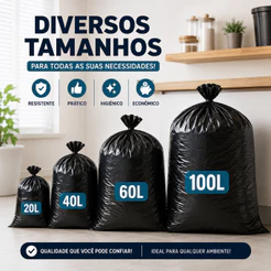 Sacos de Lixo para Uso Geral Capacidade 20| 40| 60| 100 Litros Preto