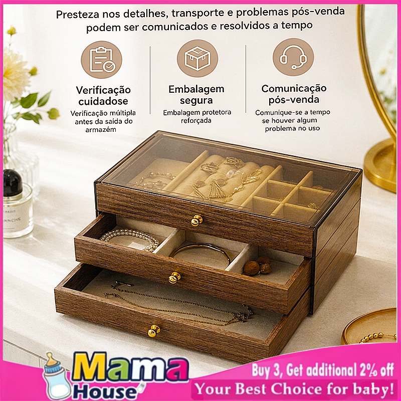 Caixa de Joias Madeira Nogueira 3 Camadas Organizador Vintage Transparente PET Veludo Para Anéis