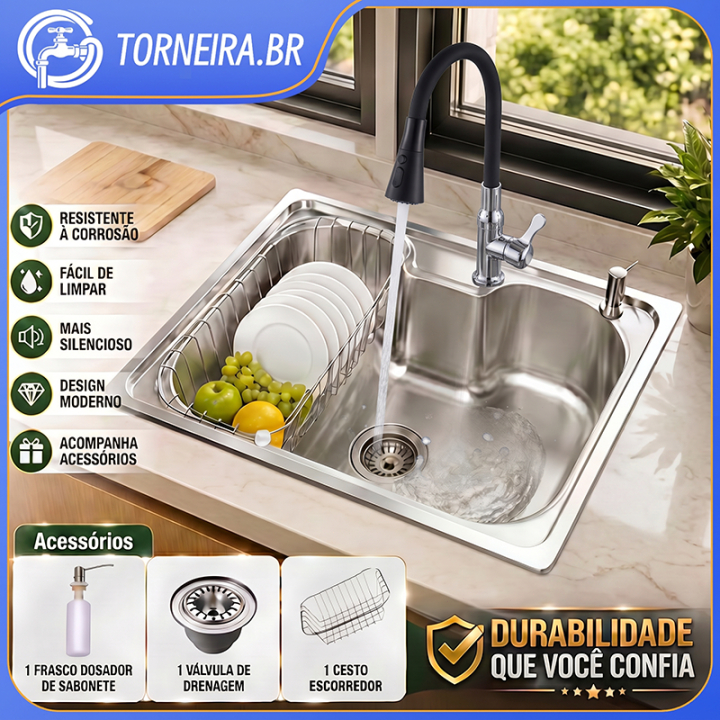 Aço Inox 50x42cm ou 60x42cm Pia Cozinha Com Acessórios Completa Luxo