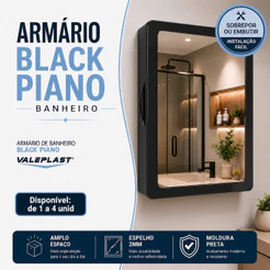 Armário Banheiro Plástico Espelheira Espelho Vidro 2mm I Sobrepor ou Embutir Bucha Vidro Moldura Preto Black Piano
