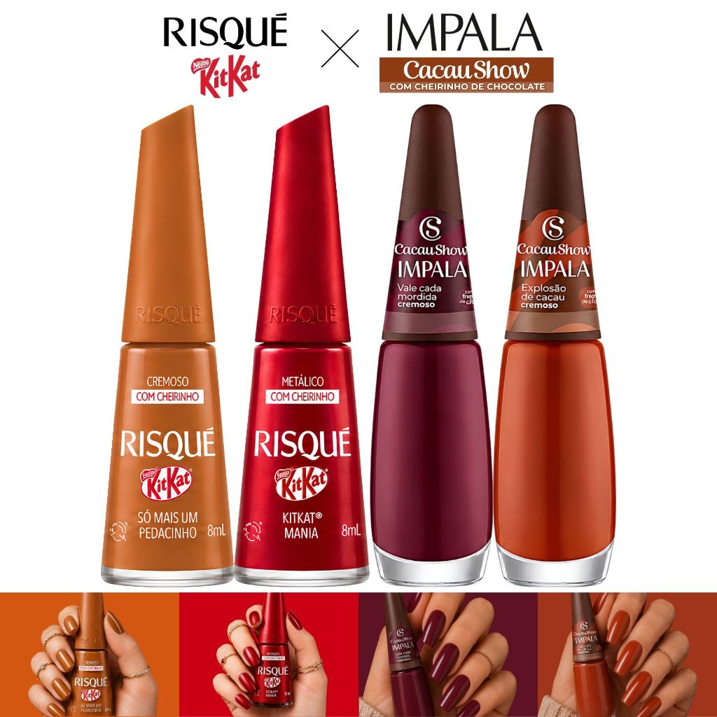 Kit Esmaltes Risqué KitKat + Impala Cacau Show Só Mais Um Pedacinho KitKat Mania Vale Cada Mordida Explosão de Cacau