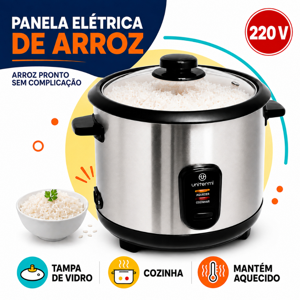 Panela de Arroz Elétrica Aço Inox Antiaderente 6 Xícaras UNITERMI 220v Prática Compacta Resistente