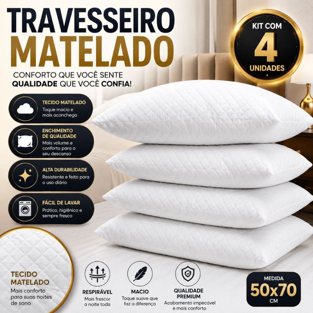 Kit 4 Travesseiros Matelados 50x70cm Macios e Confortáveis para Cama