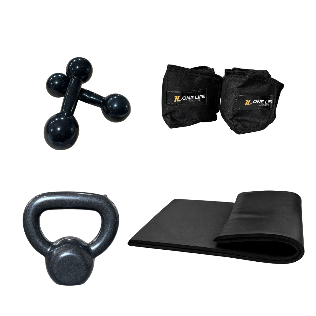 Kit Aeróbico em Casa Caneleira 3kg Colchonete preto Halter 3kg Kettlebell Emborrachado 4kg Fitness