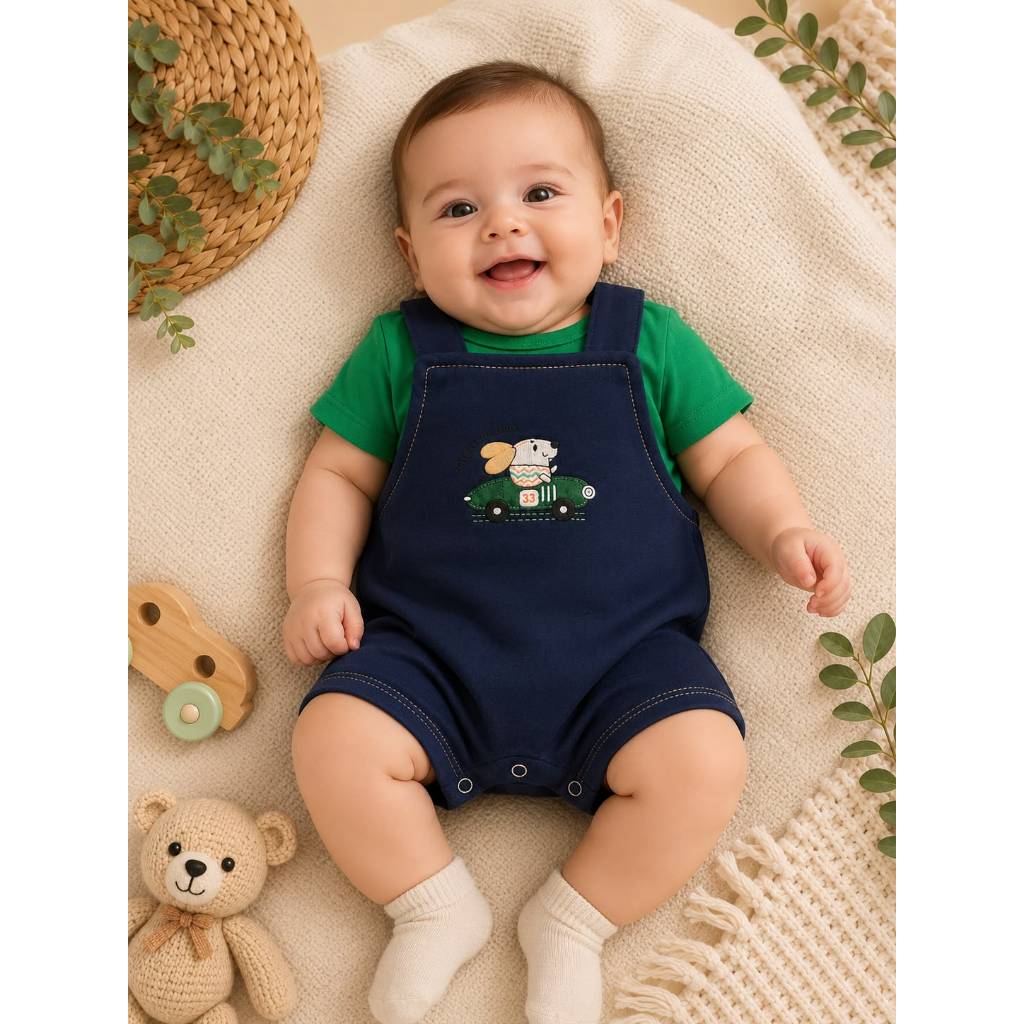 Conjunto Bebê Jardineira Bordada com Camiseta Verde 100% Algodão | Roupa Infantil Masculina Confortável