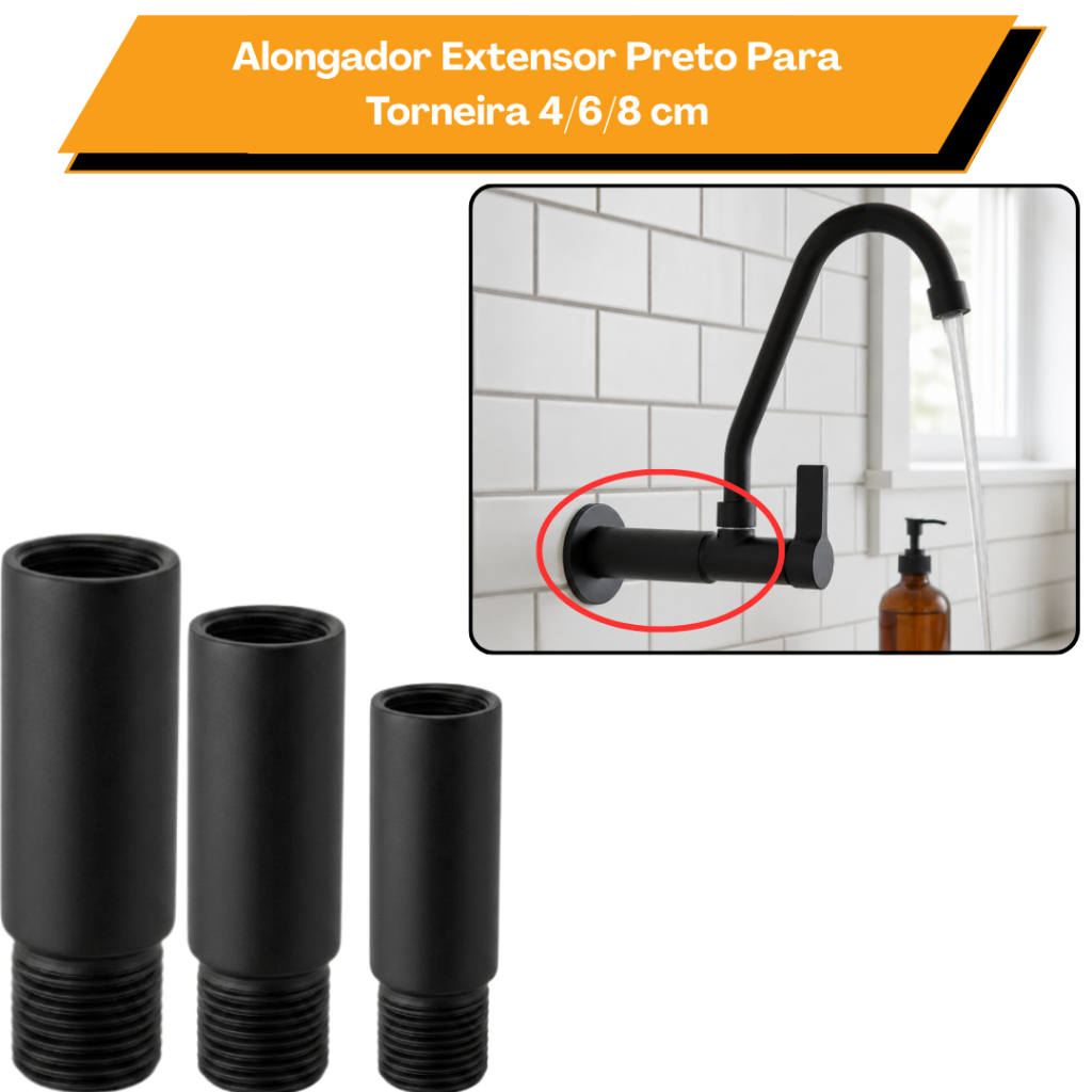 Alongador Prolongador Extensor De Torneira Preto Metal 1/2 4cm - 6cm - 8cm