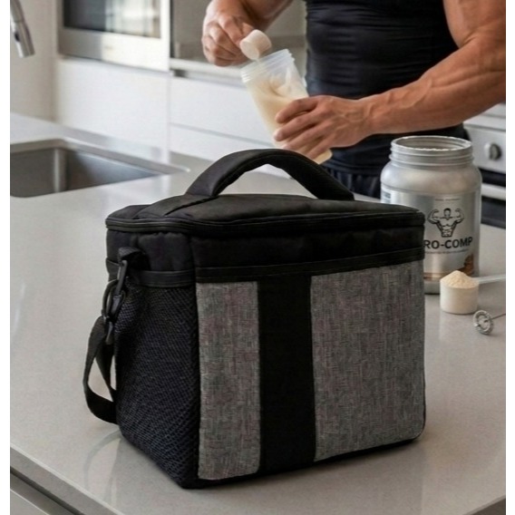 Bolsa Térmica Fitness Impermeável Academia Lancheira Marmiteira Viagem Preta com Cinza
