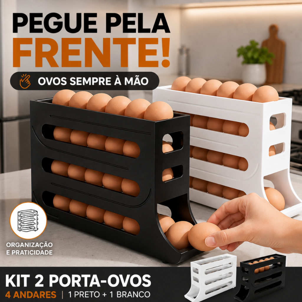 Kit Porta Ovos Automático Preto e Branco Rolante 4 Andares Organizador de Geladeira 20 a 30 Ovos