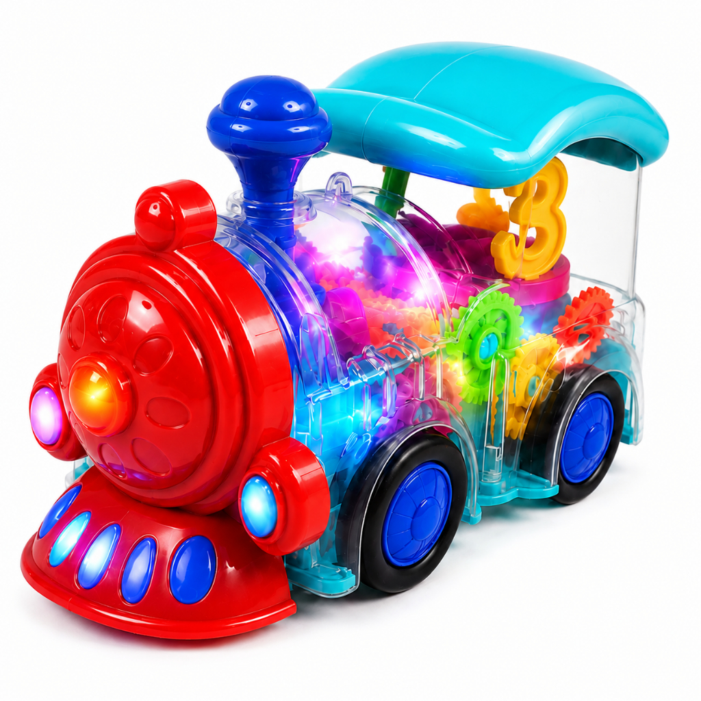 Trem Transparente Musical Infantil Engrenagens Luz e Som Bate e Volta