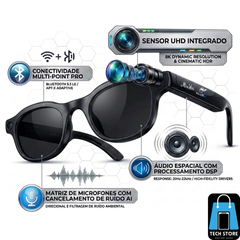 Óculos Inteligente Camêra 4k Grava Video FOTO Tradução Bluetooth Aúdio Smart Glass