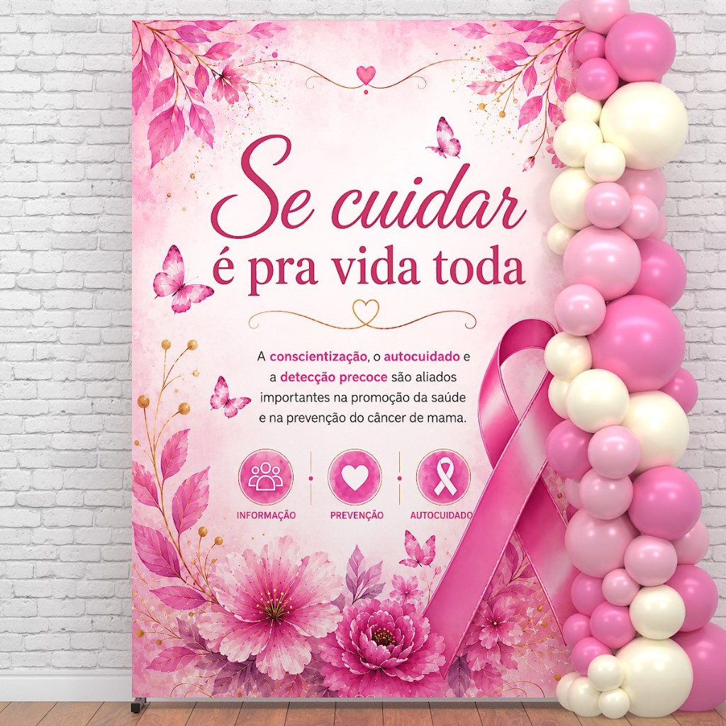 Painel Outubro Rosa Retangular 1,50x2,20m Decorativo Campanha Conscientização Sublimado Em Tecido