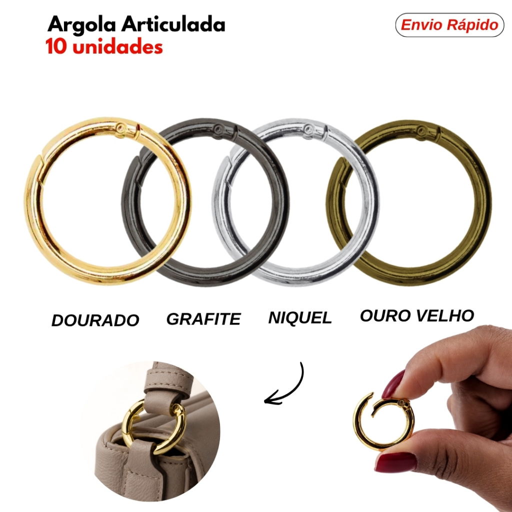 Argola Articulada Metal Mosquetão 17mm 25mm 30mm Kit C/ 10 Unidades Argolas Premium