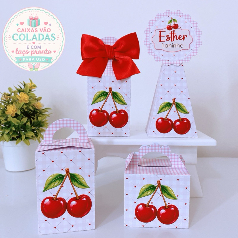 Kit Festa Cerejinha LAÇO VERMELHO Caixinhas Personalizadas Lembrancinhas Infantil Aniversário