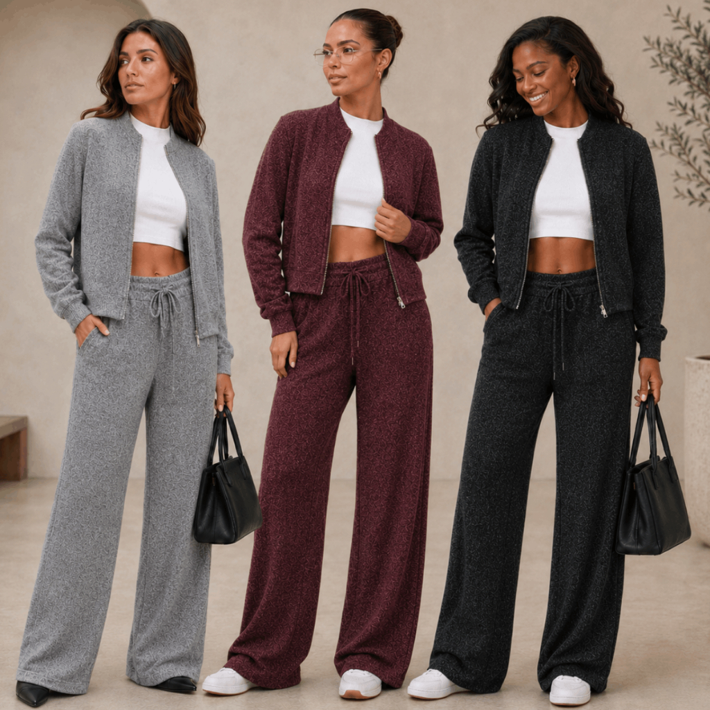 Conjunto Feminino Elegante Malha Rib Canelada Blusa Ziper E Calça Pantalona Casual Social Trabalho Frio Inverno Confort