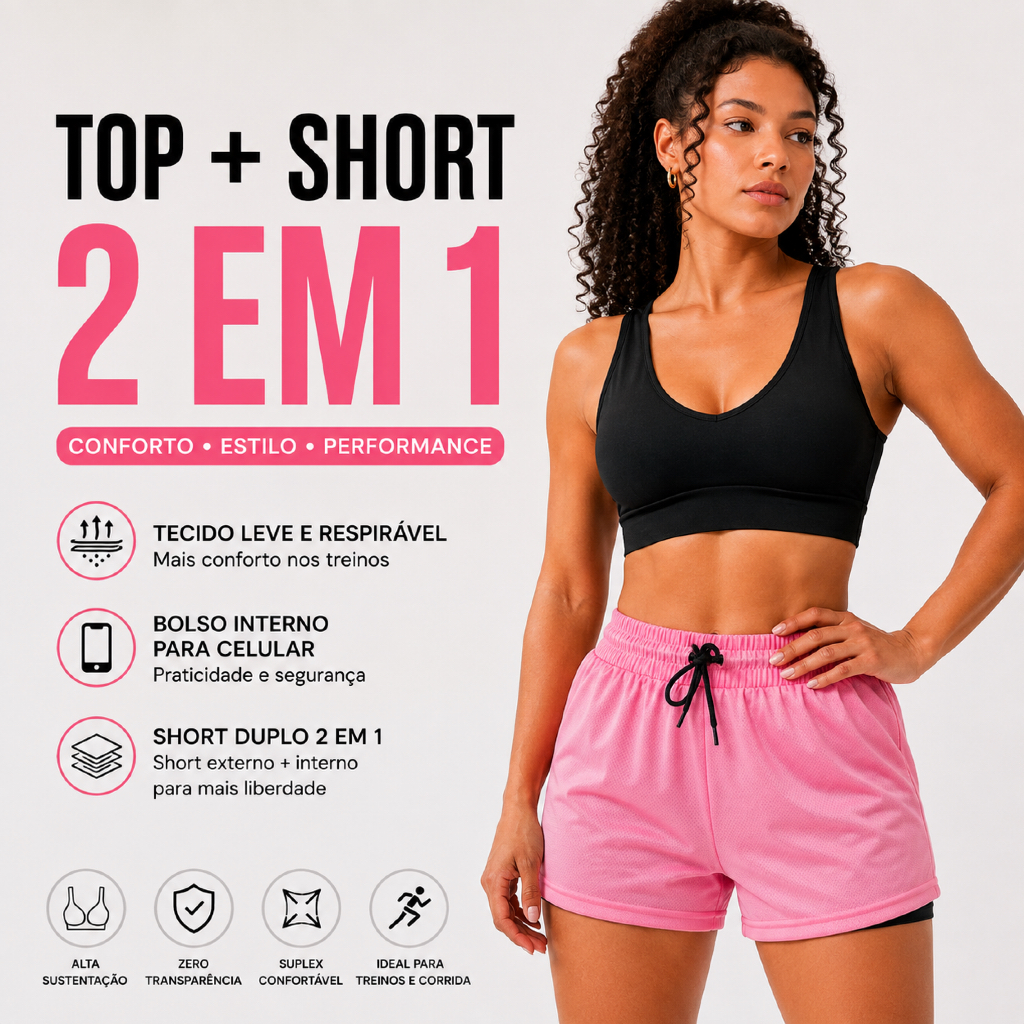 Conjunto Fitness Feminino Top Regata Short Duplo 2 em 1 Bolso Celular Academia Corrida